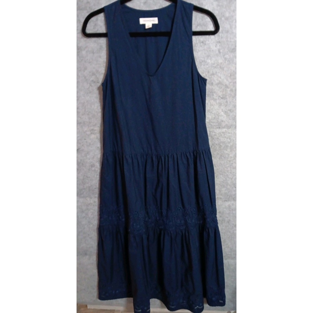 Treasure & Bond Sz XXS Tiered Eyelet Maxi Dress Navy Flowy Embroidered 32" EUC